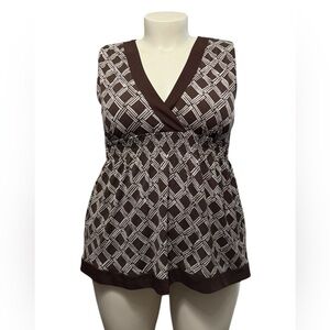 ANA Brown & White Geometric Print Sleeveless V-Neck Top Women’s Size XL